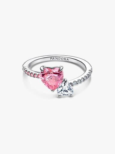 Anillo Brillante Corazón Doble Rosado y Transparente