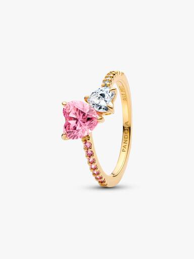 Anillo Brillante Corazón Doble Rosado y Transparente