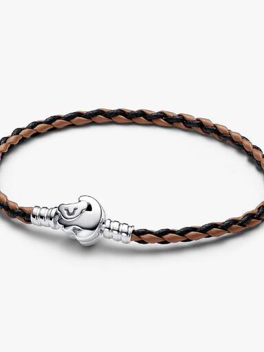 Brazalete de cuero trenzado Pandora Moments con broche del Rey León de Disney