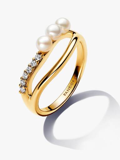 Anillo Doble Banda Forma Orgánica y Perla Cultivada de Agua Dulce Tratada