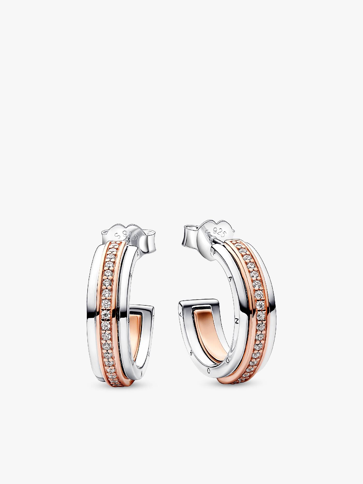 Aretes de aro de dos tonos con logo y pavé de Pandora Signature