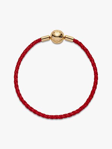 Brazalete De Piel Trenzada Roja Moments De Pandora Recubrimiento en Oro de 14k
