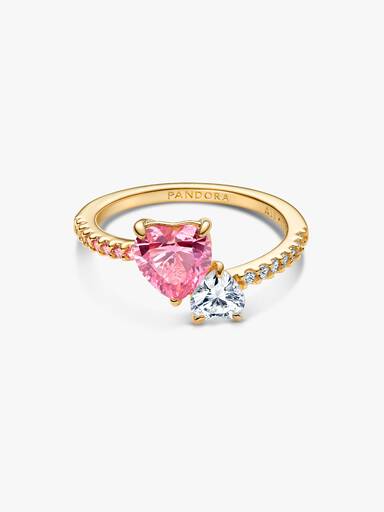 Anillo Brillante Corazón Doble Rosado y Transparente
