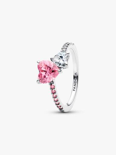 Anillo Brillante Corazón Doble Rosado y Transparente